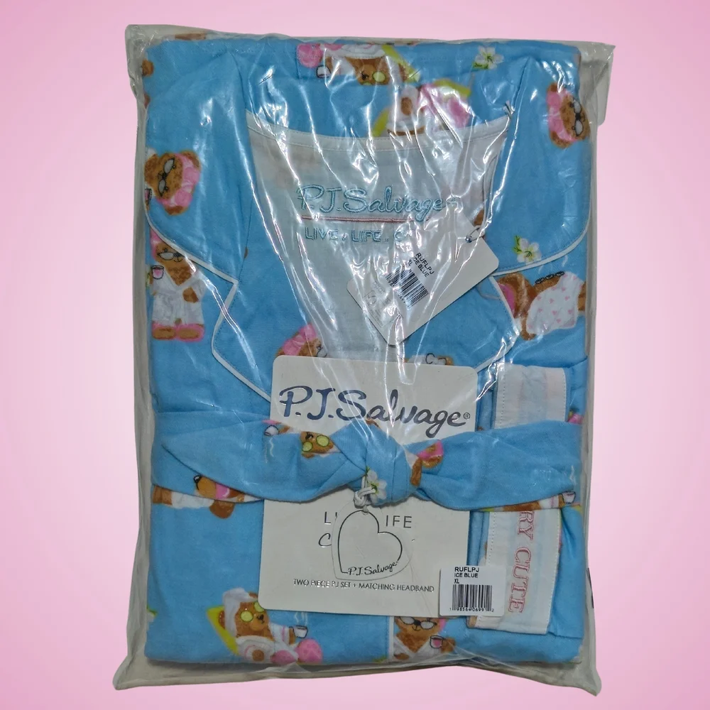 PJ Salvage Flannel Pajama Set XL Beary Cute Ice Blue Top/Pants NWT 🐻
